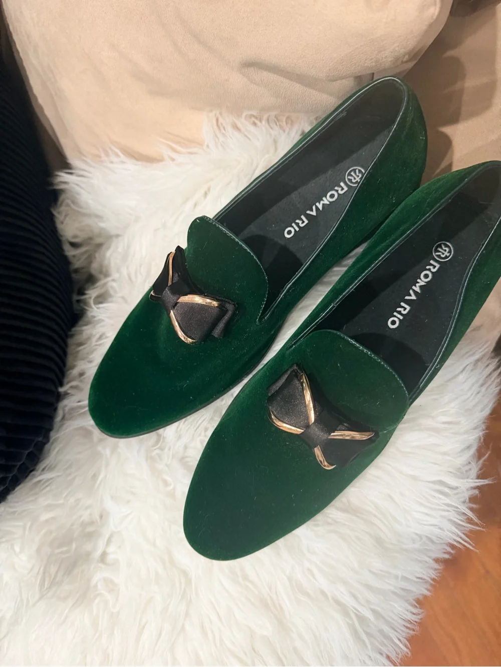 Green Velvet Bow Loafers for Women